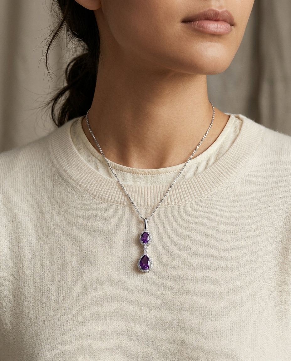 Amethyst And Diamond Pave Pendant In 14k White Gold (1/4 Ct.tw.) — editorial close-up