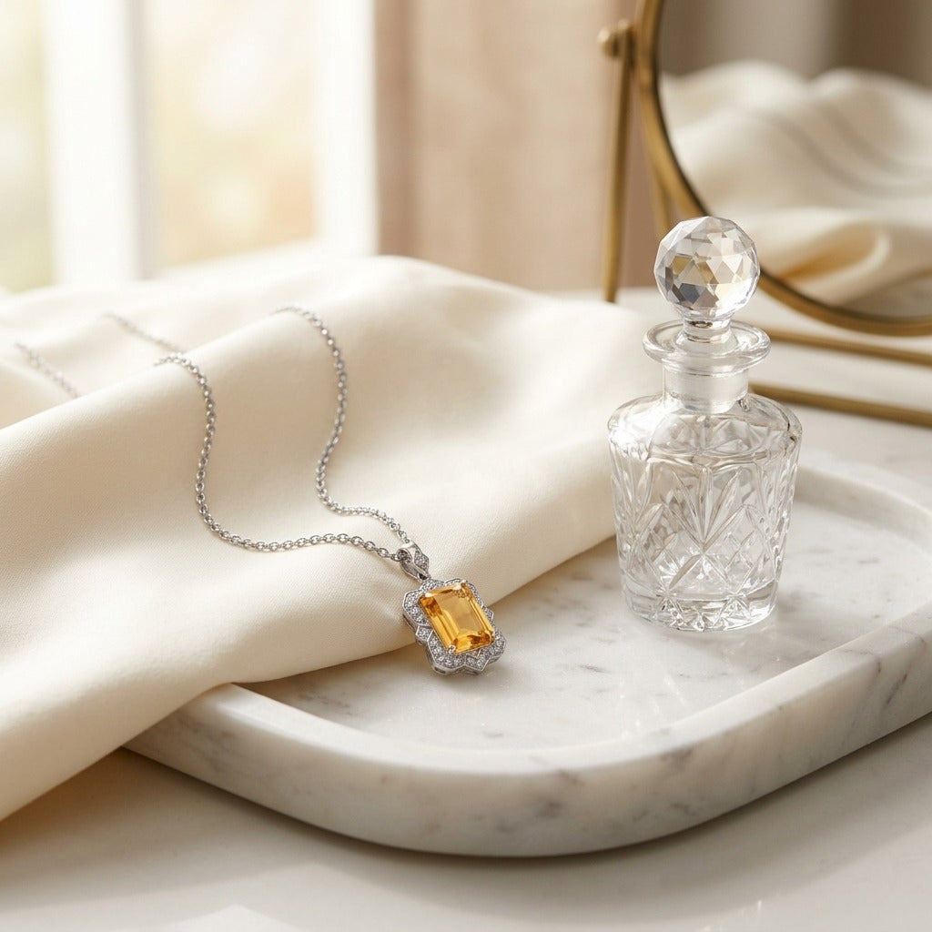 Citrine Emerald Cut And Diamond Pendant In 14k White Gold (1/5 Ct.tw.) — marble silk