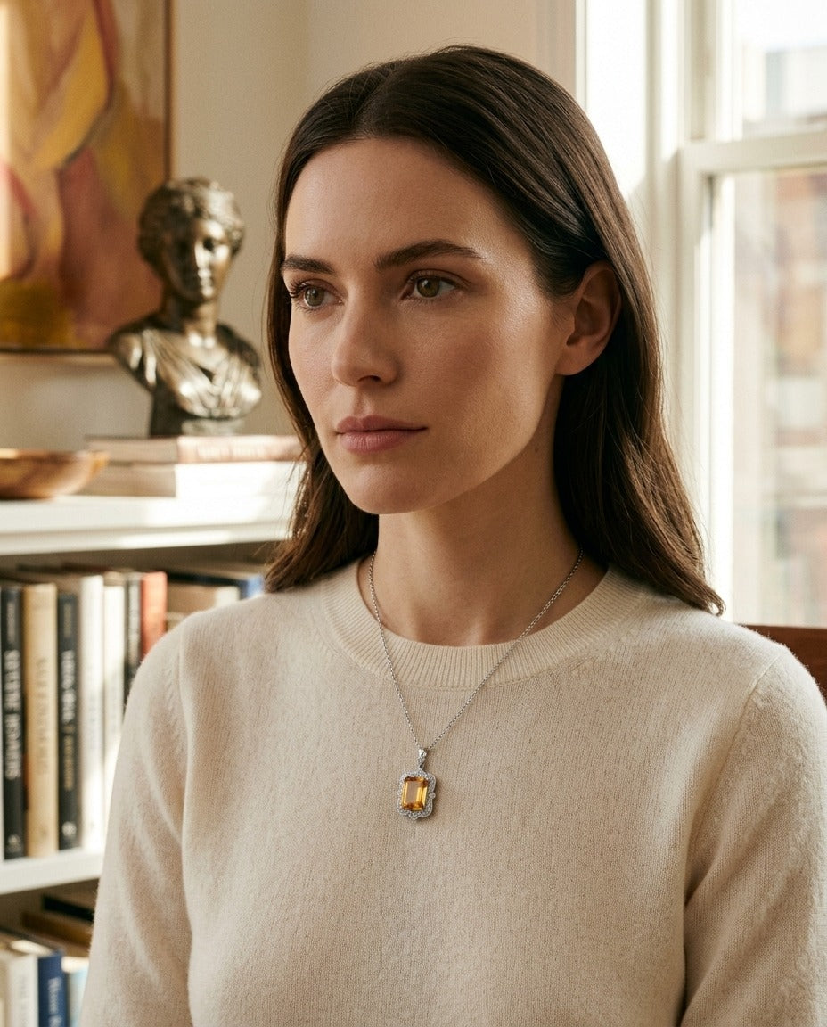 Citrine Emerald Cut And Diamond Pendant In 14k White Gold (1/5 Ct.tw.) — portrait full