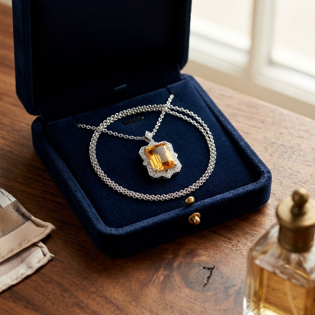 Citrine Emerald Cut And Diamond Pendant In 14k White Gold (1/5 Ct.tw.) — velvet box