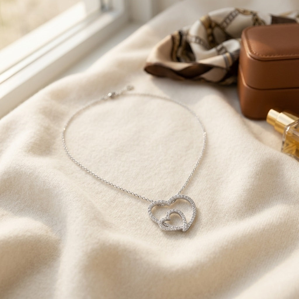 Diamond Pave Double Heart Pendant In 14k White Gold (1/3 Ct.tw.) — textile flat lay