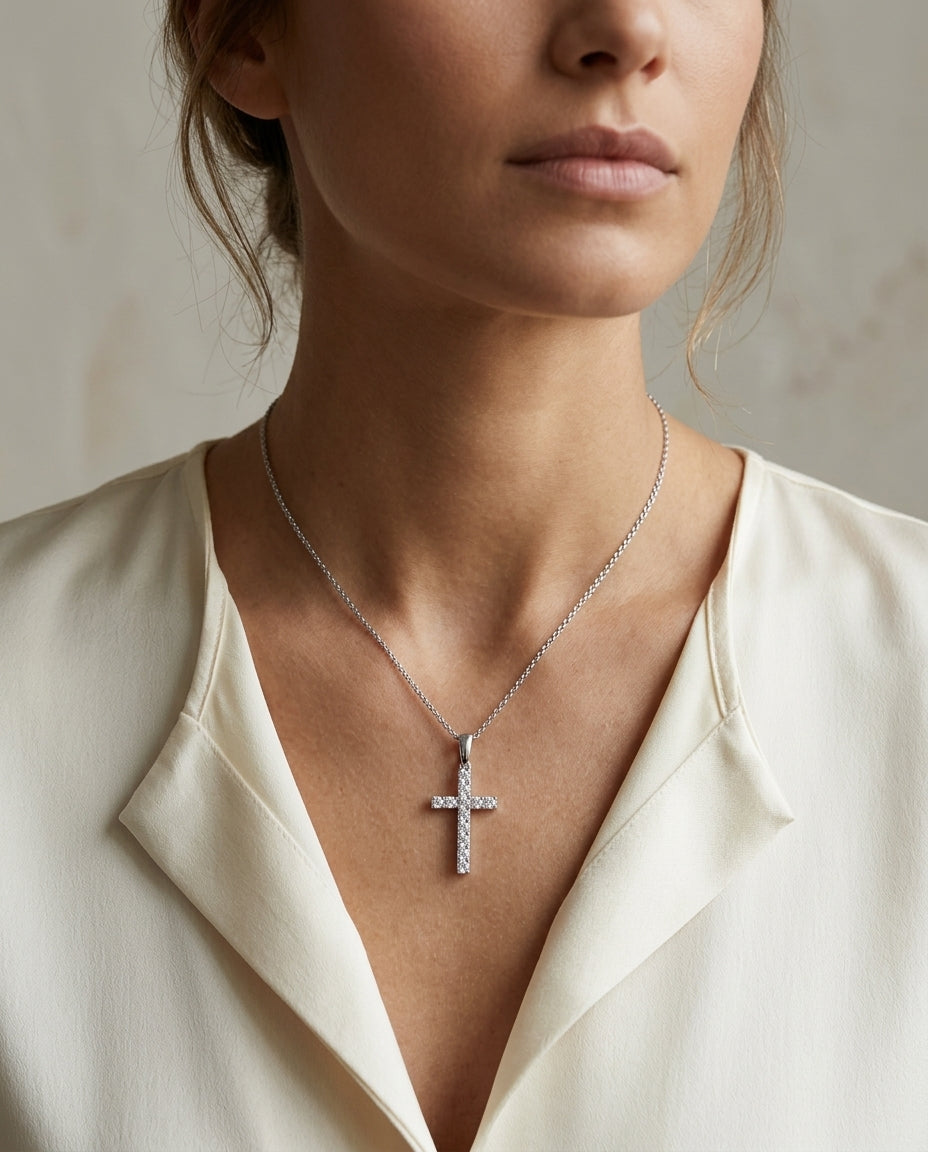 Diamond Cross Pendant In 14k White Gold (1/3 Ct.tw.) — editorial close-up
