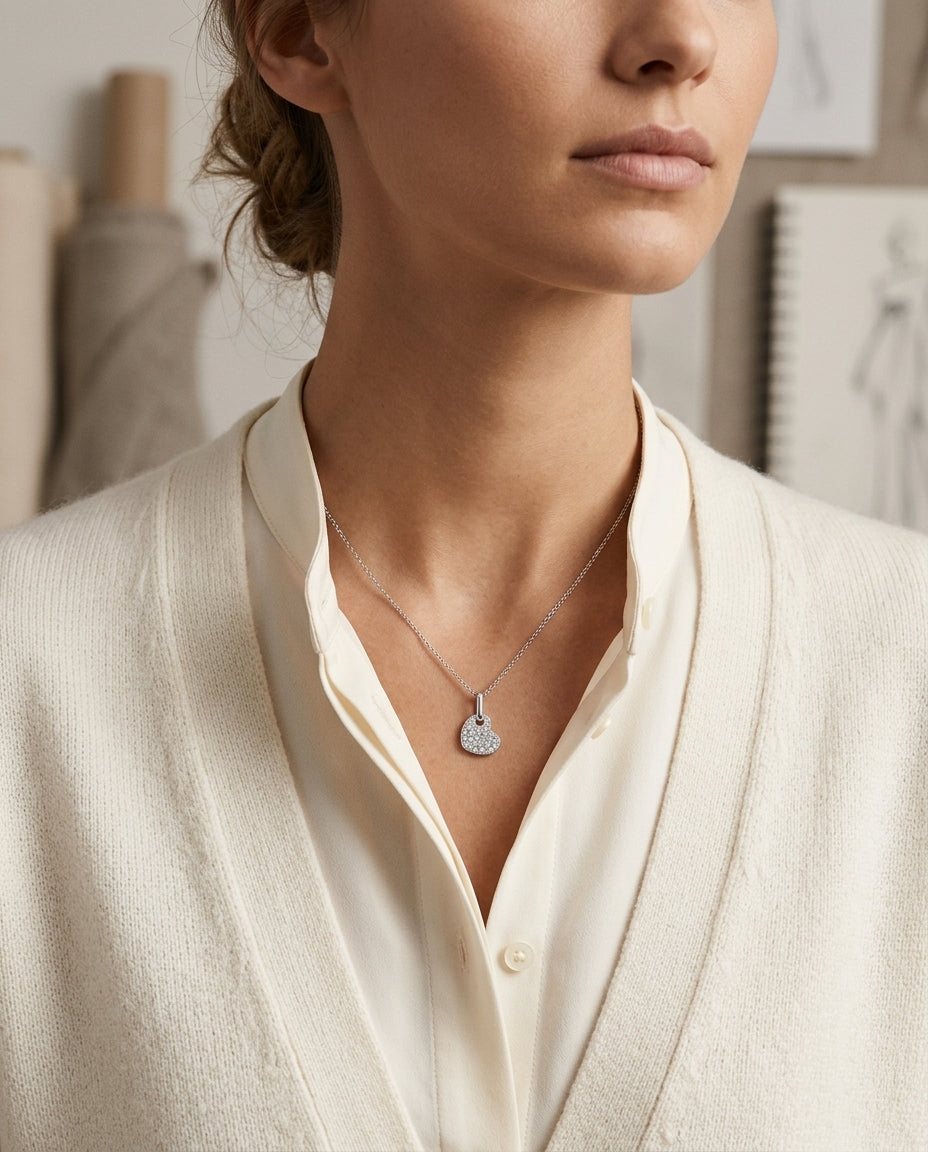 Diamond Pave Dangle Heart Pendant In 14k White Gold (1/6 Ct.tw.) — editorial close-up