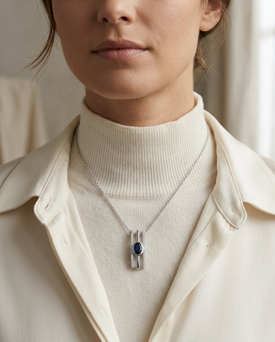 Sapphire And Diamond Open Work Pendant In 14k White Gold (1/5 Ct.tw.) — editorial close-up