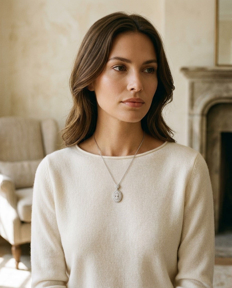 Diamond Oval Halo Dangle Pendant in 14k White Gold, 17 Inch Chain (1/3ctw) — portrait close