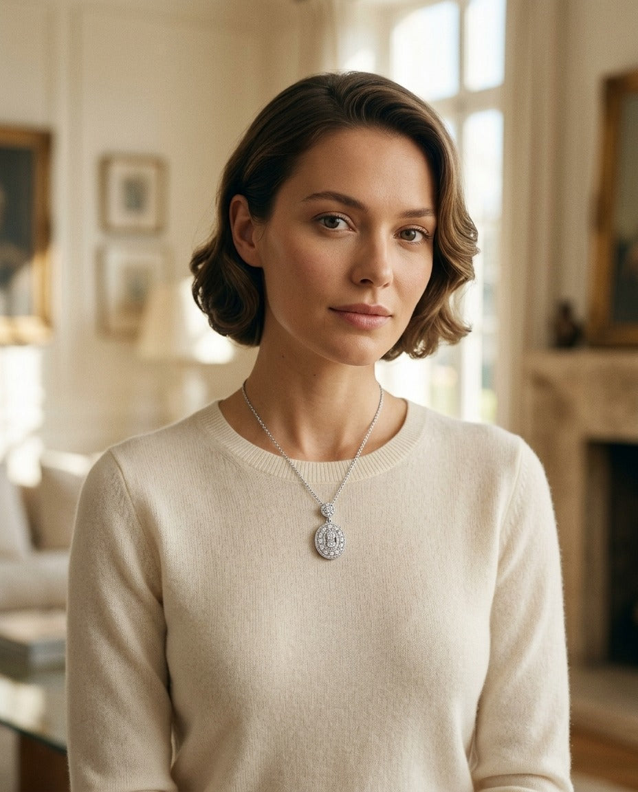 Diamond Oval Halo Dangle Pendant in 14k White Gold, 17 Inch Chain (1/3ctw) — portrait full