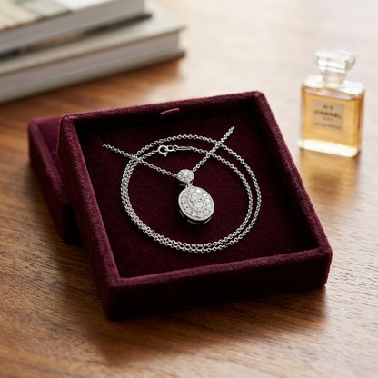 Diamond Oval Halo Dangle Pendant in 14k White Gold, 17 Inch Chain (1/3ctw) — velvet box