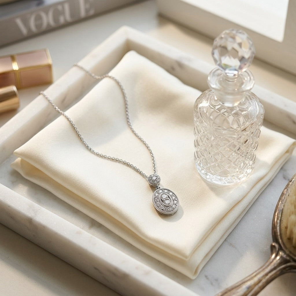 Diamond Oval Halo Dangle Pendant in 14k White Gold 0.33ctw 18 Inch Curb Chain — marble silk