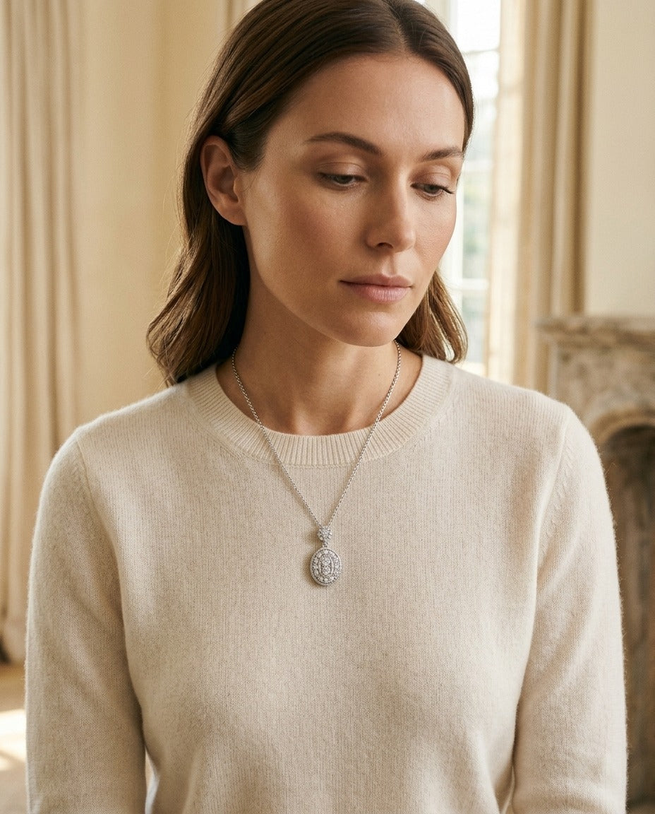 Diamond Oval Halo Dangle Pendant in 14k White Gold 0.33ctw 18 Inch Curb Chain — portrait close
