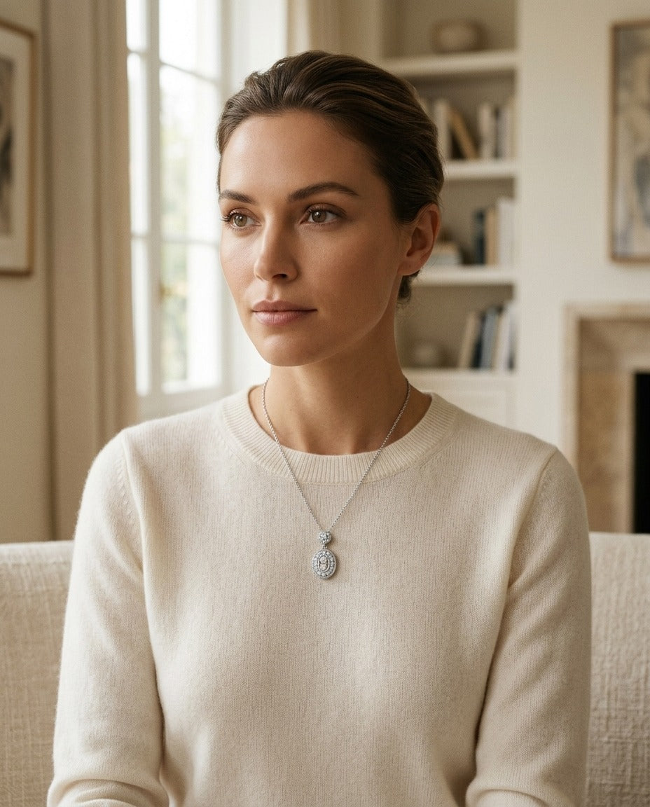 Diamond Oval Halo Dangle Pendant in 14k White Gold 0.33ctw 18 Inch Curb Chain — portrait full
