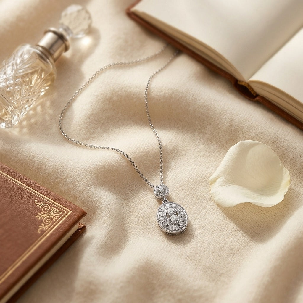 Diamond Oval Halo Dangle Pendant in 14k White Gold 0.33ctw 18 Inch Curb Chain — textile flat lay
