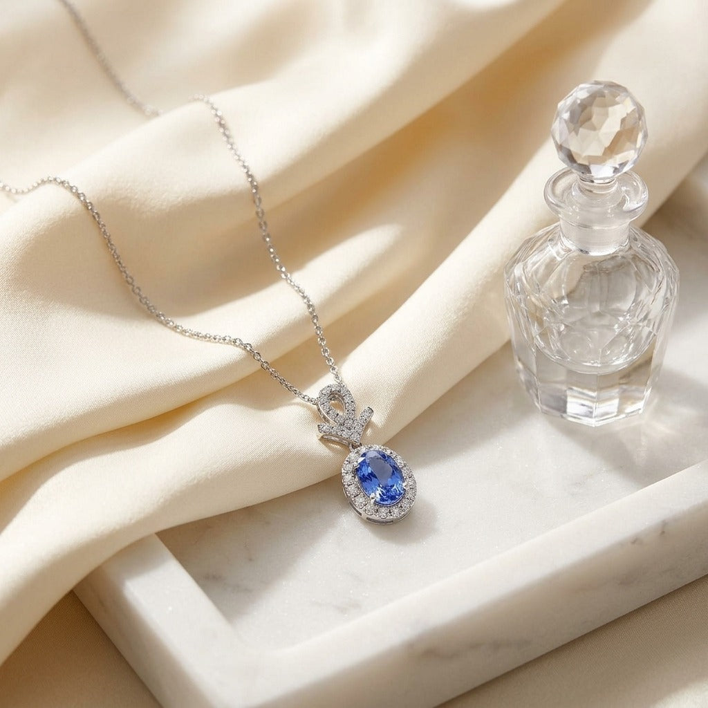 Sapphire Oval and Pave Diamond Halo Pendant in 14k White Gold — marble silk