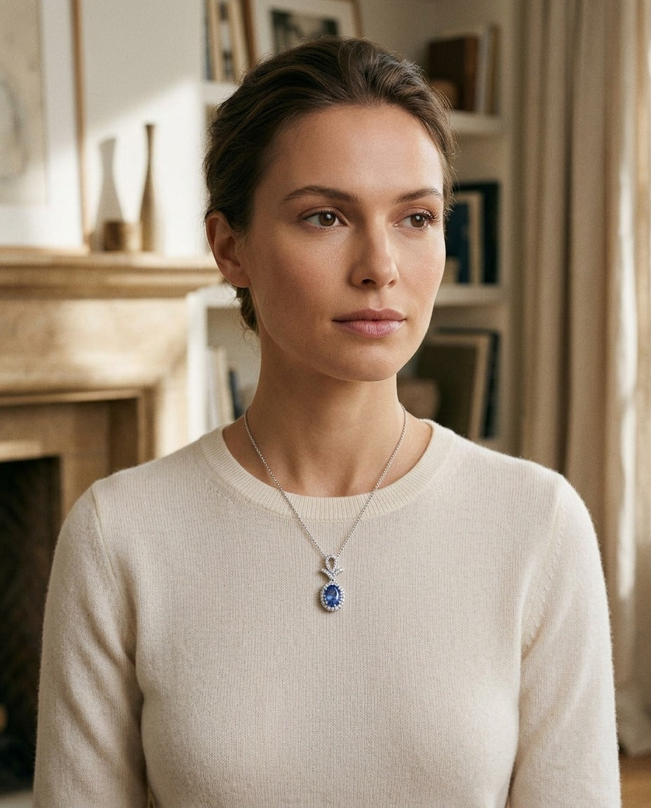 Sapphire Oval and Pave Diamond Halo Pendant in 14k White Gold — portrait close