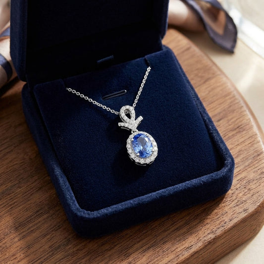 Sapphire Oval and Pave Diamond Halo Pendant in 14k White Gold — velvet box