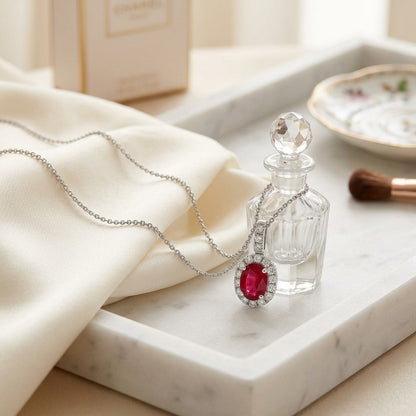 Ruby Oval and Diamond Halo Pendant in 14k White Gold — marble silk