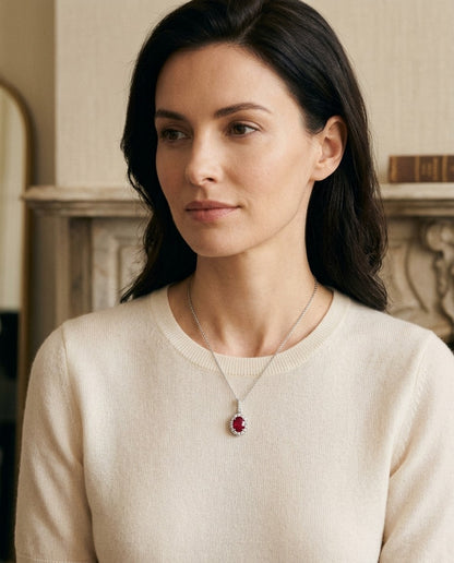 Ruby Oval and Diamond Halo Pendant in 14k White Gold — portrait close
