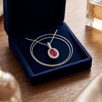 Ruby Oval and Diamond Halo Pendant in 14k White Gold — velvet box