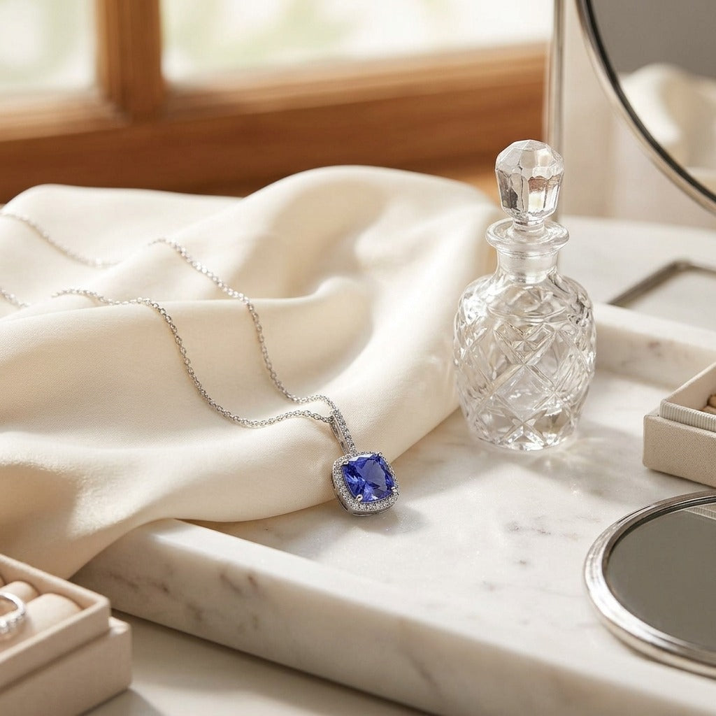 Cushion Tanzanite and Diamond Pave Pendant in 14k White Gold — marble silk