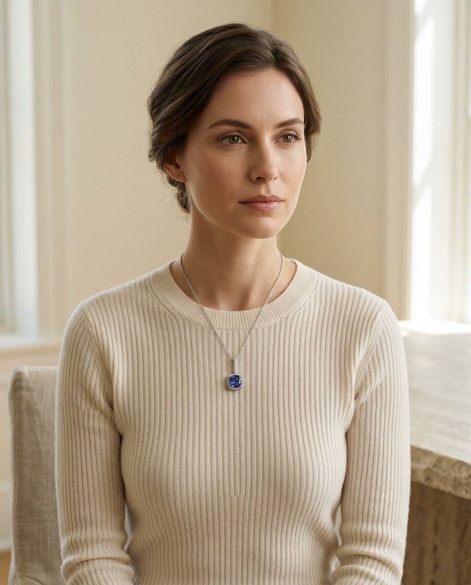 Cushion Tanzanite and Diamond Pave Pendant in 14k White Gold — portrait close