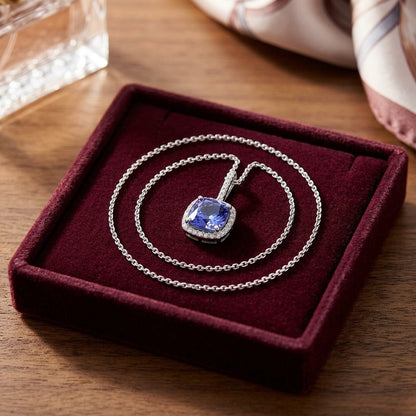 Cushion Tanzanite and Diamond Pave Pendant in 14k White Gold — velvet box