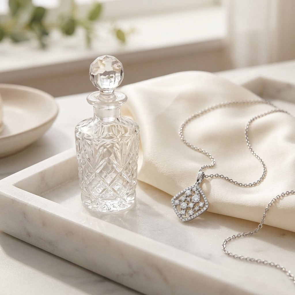 Floating Diamond Round Pendant with Diamond Shaped Border in 14k White Gold (2/3 Ct.tw.) — marble silk