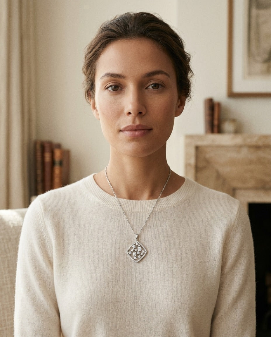 Floating Diamond Round Pendant with Diamond Shaped Border in 14k White Gold (2/3 Ct.tw.) — portrait close