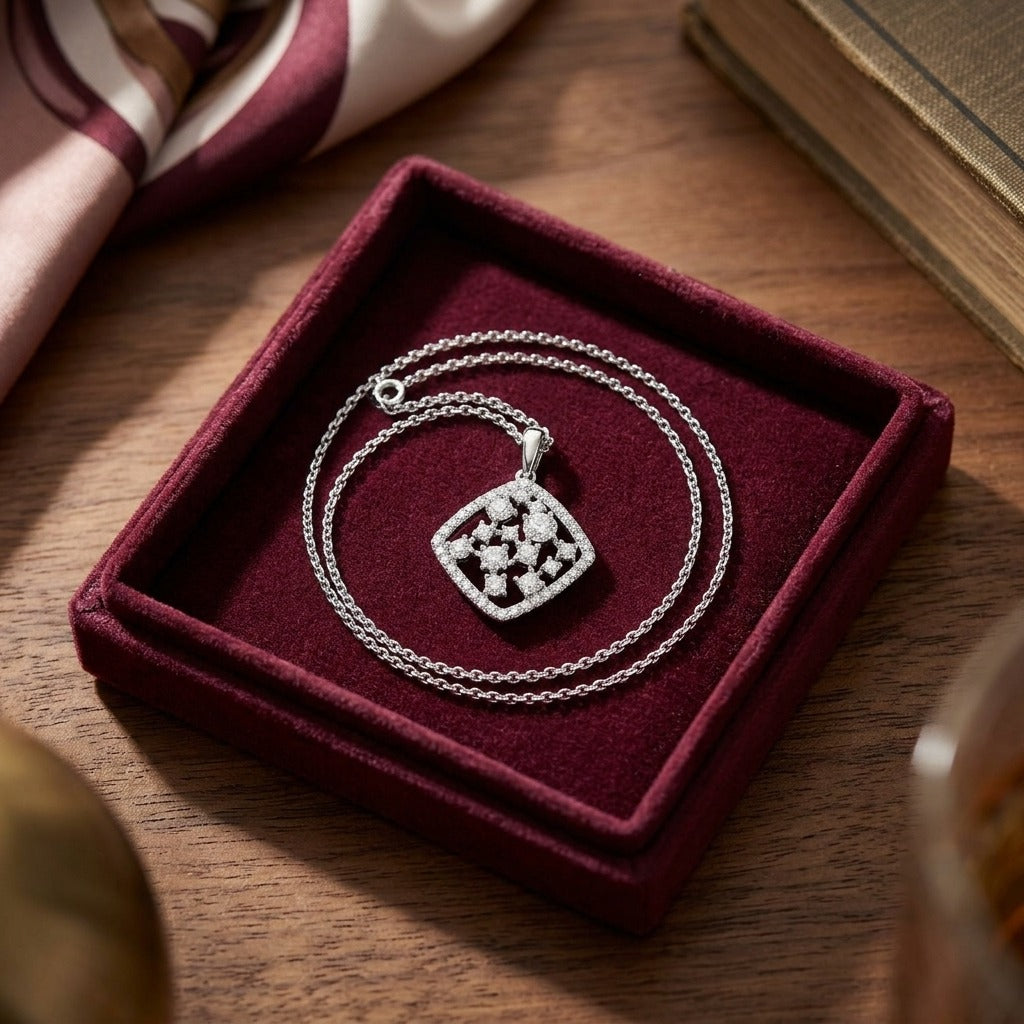 Floating Diamond Round Pendant with Diamond Shaped Border in 14k White Gold (2/3 Ct.tw.) — velvet box