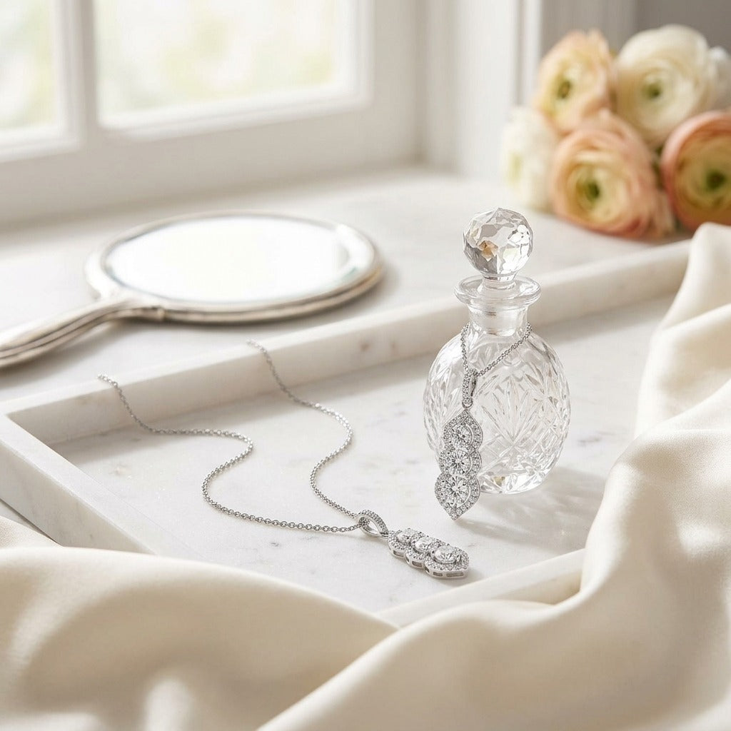 3 Stone Vertical Pendant with Minaret Tips in 14k White Gold — marble silk
