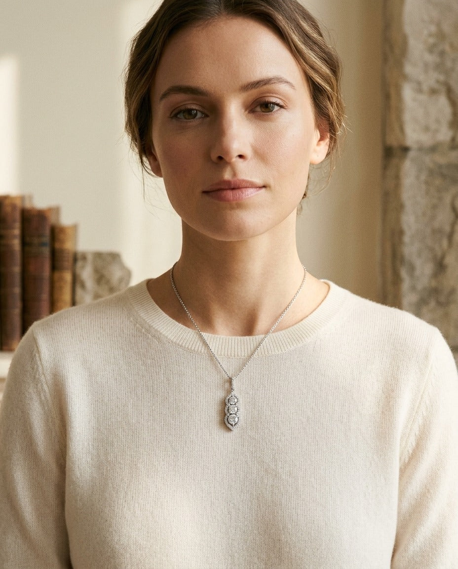 3 Stone Vertical Pendant with Minaret Tips in 14k White Gold — portrait close