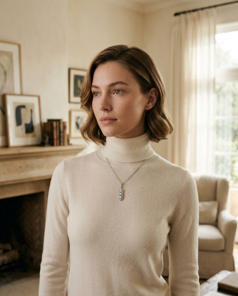 3 Stone Vertical Pendant with Minaret Tips in 14k White Gold — portrait full