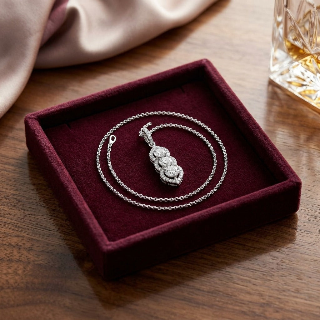 3 Stone Vertical Pendant with Minaret Tips in 14k White Gold — velvet box
