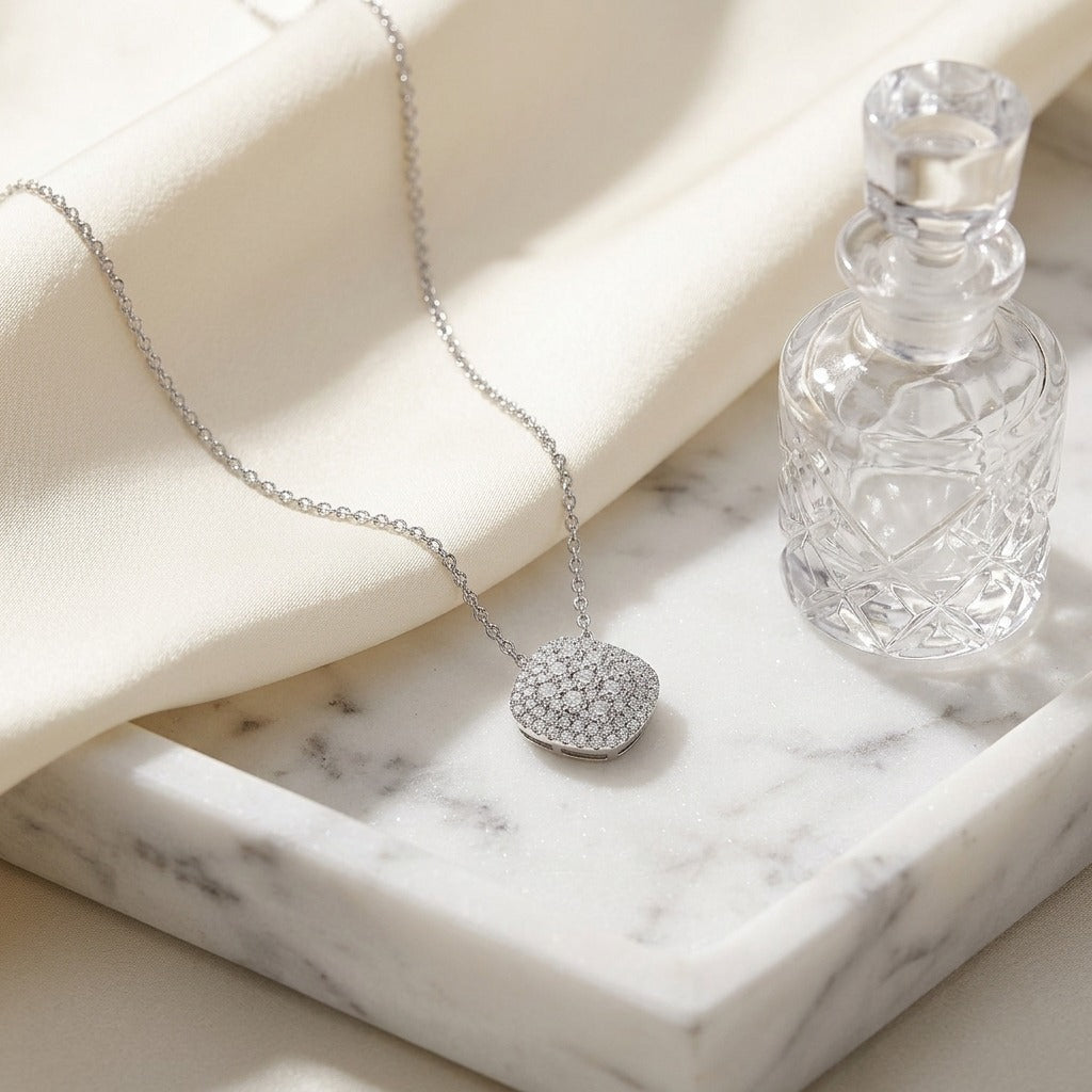 Diamond Micro-Prong Set Cushion Shape Pendant with Double Border in 14k White Gold — marble silk