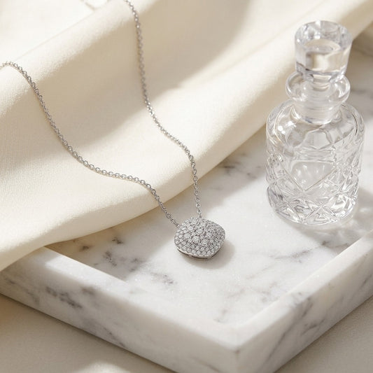 Diamond Micro-Prong Set Cushion Shape Pendant with Double Border in 14k White Gold — marble silk