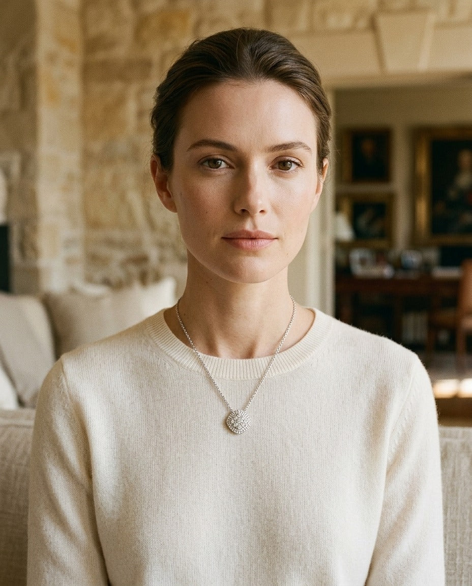 Diamond Micro-Prong Set Cushion Shape Pendant with Double Border in 14k White Gold — portrait close
