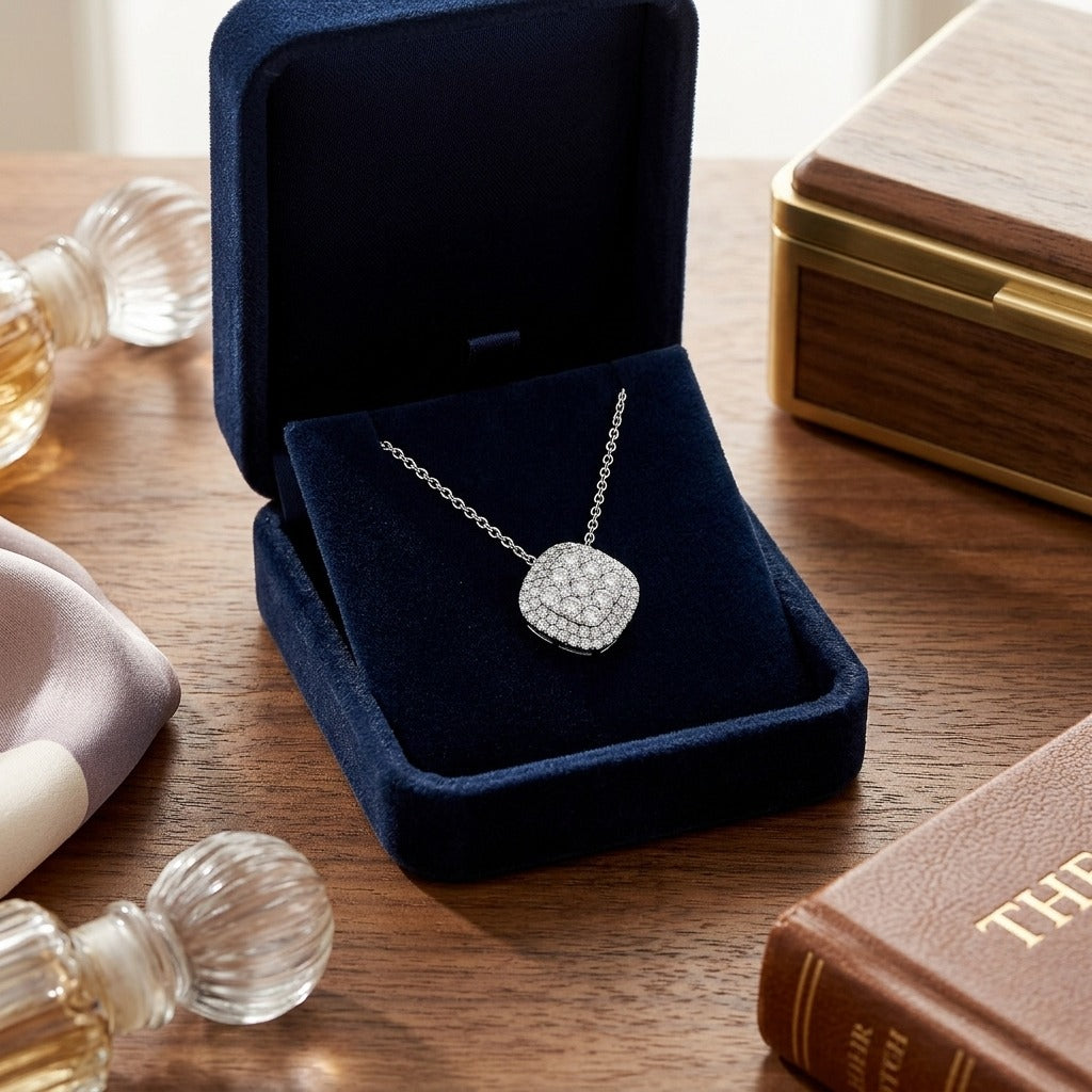 Diamond Micro-Prong Set Cushion Shape Pendant with Double Border in 14k White Gold — velvet box
