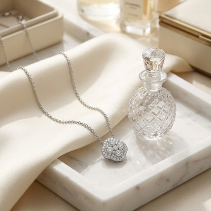 Diamond Clster and Cushion Shape Pendant with Micro-Prong Set Border in 14k White Gold — marble silk