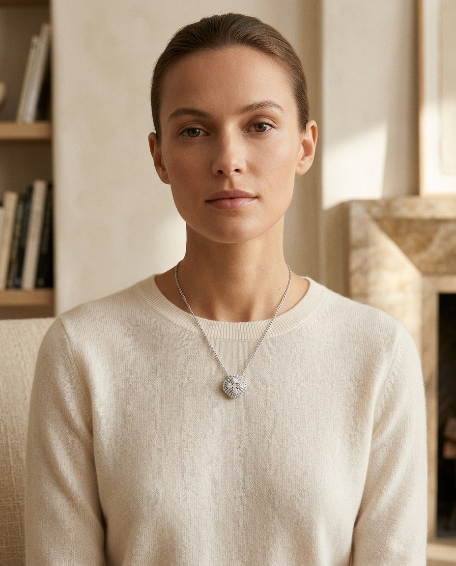 Diamond Clster and Cushion Shape Pendant with Micro-Prong Set Border in 14k White Gold — portrait close