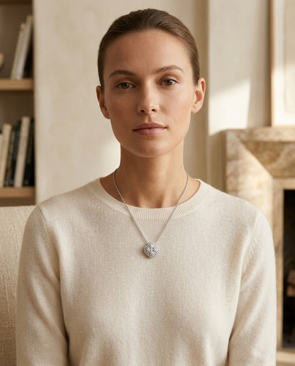 Diamond Clster and Cushion Shape Pendant with Micro-Prong Set Border in 14k White Gold — portrait close