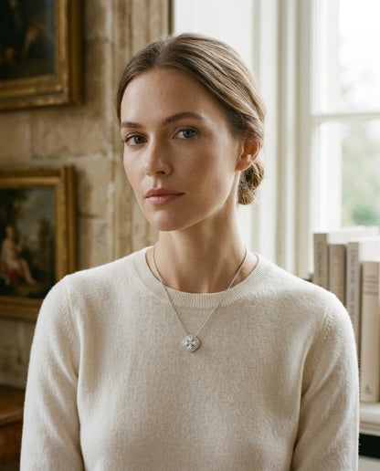 Diamond Clster and Cushion Shape Pendant with Micro-Prong Set Border in 14k White Gold — portrait full