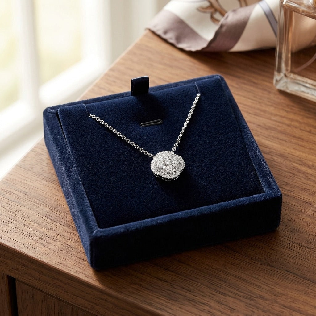 Diamond Clster and Cushion Shape Pendant with Micro-Prong Set Border in 14k White Gold — velvet box