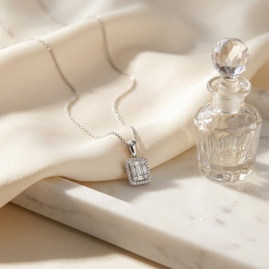 Diamond Baguette and Round Illusion Emerald-Cut Halo Pendant with Solid Bail in 14k White Gold — marble silk