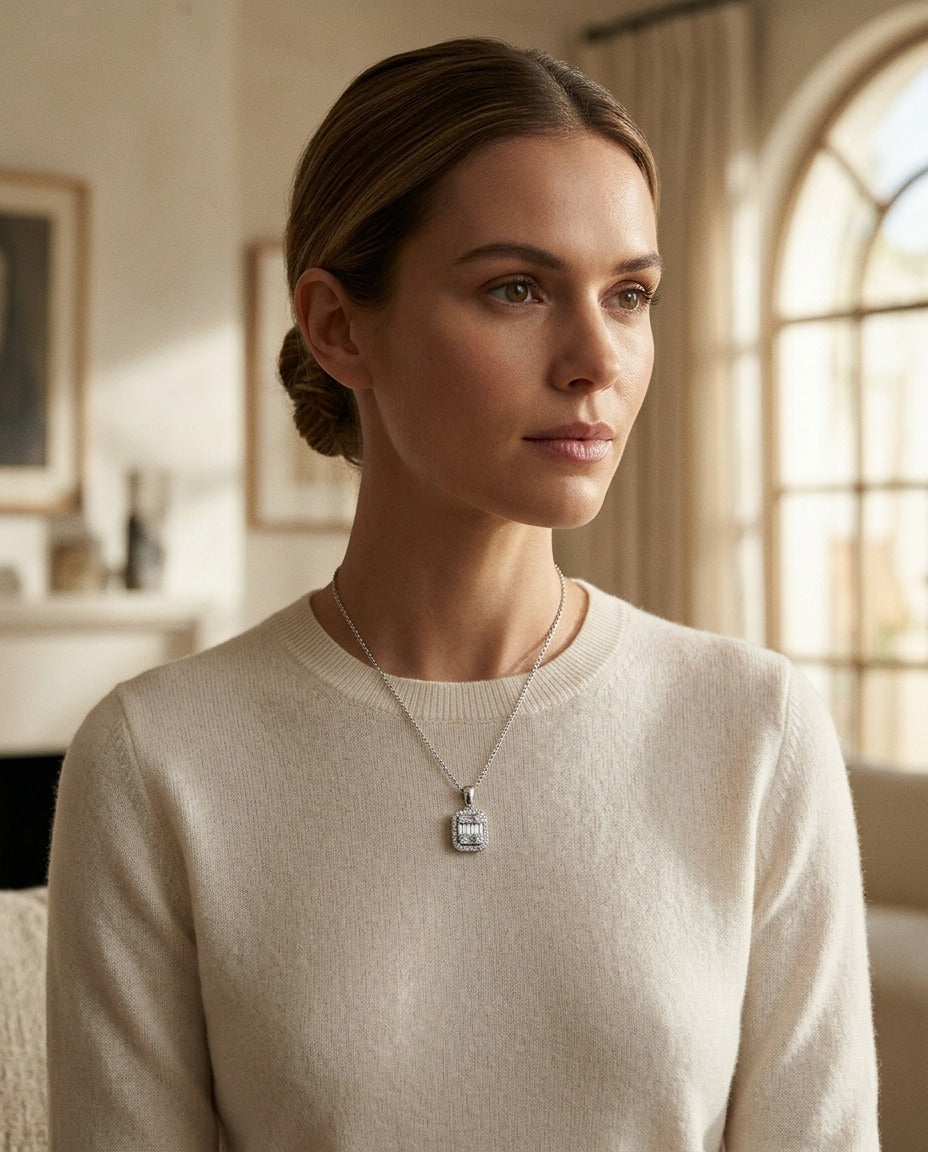 Diamond Baguette and Round Illusion Emerald-Cut Halo Pendant with Solid Bail in 14k White Gold — portrait close