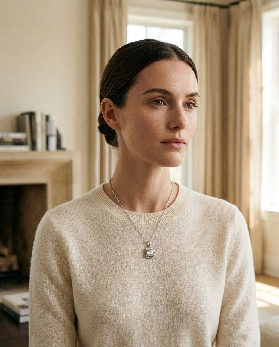 Diamond Baguette and Round Illusion Emerald-Cut Halo Pendant with Solid Bail in 14k White Gold — portrait full