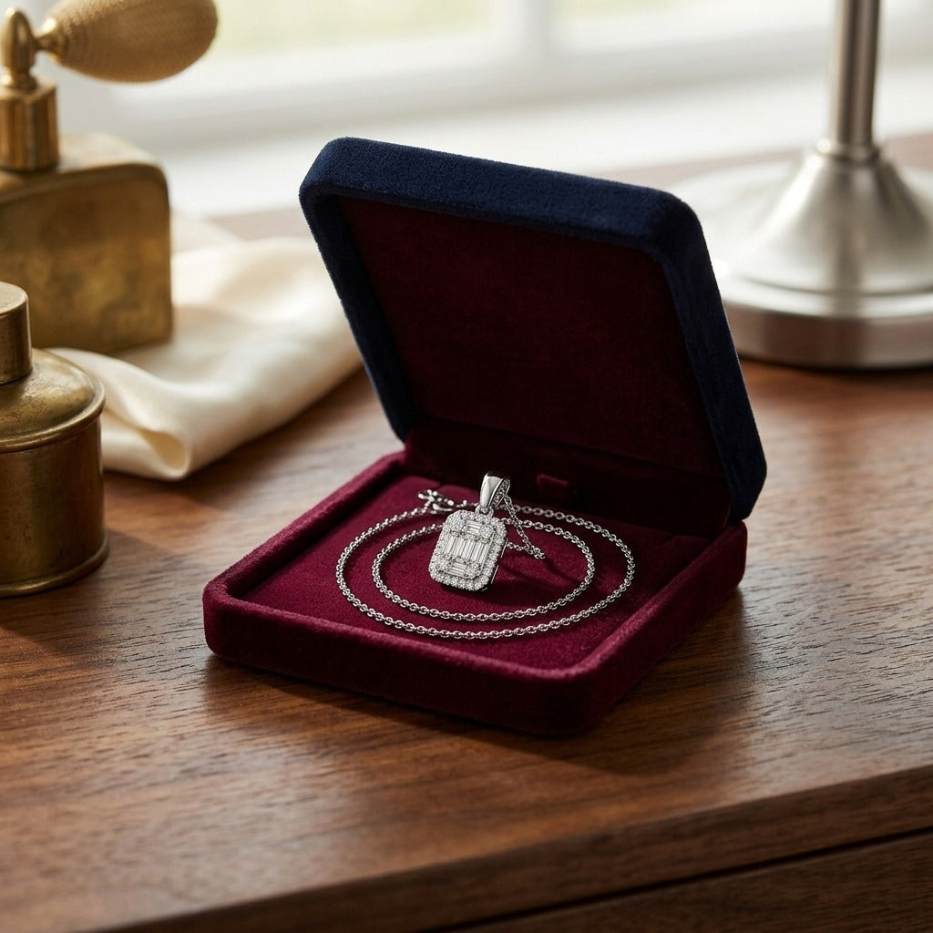 Diamond Baguette and Round Illusion Emerald-Cut Halo Pendant with Solid Bail in 14k White Gold — velvet box