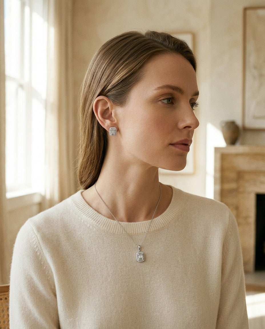 Diamond Baguette and Round Composite Emerald-Cut Halo Pendant with Solid Bail in 14k White Gold 18-20 Inch Adj Chain — portrait close