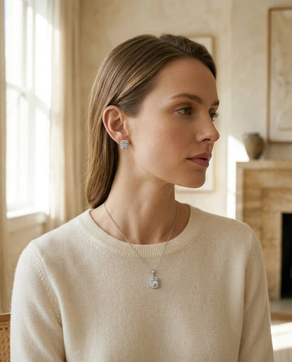 Diamond Baguette and Round Composite Emerald-Cut Halo Pendant with Solid Bail in 14k White Gold 18-20 Inch Adj Chain — portrait close