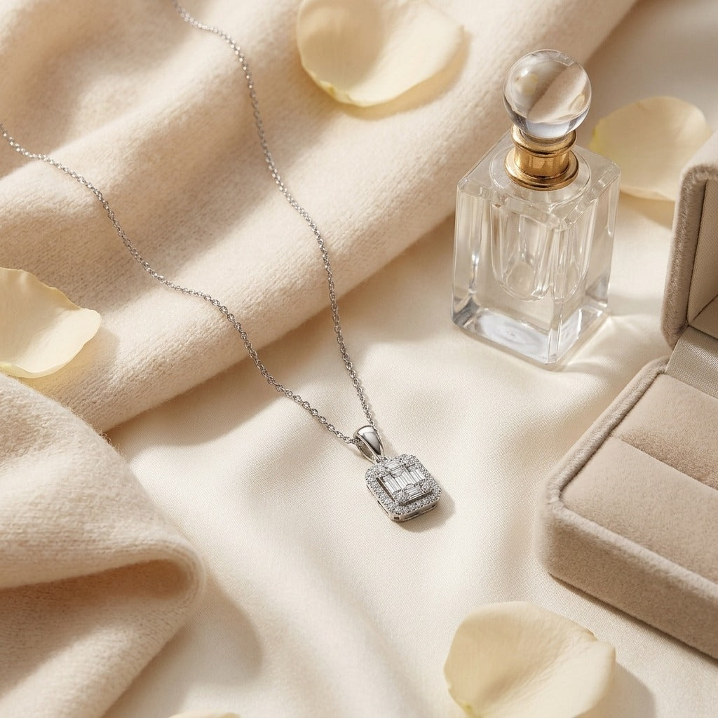 Diamond Baguette and Round Composite Emerald-Cut Halo Pendant with Solid Bail in 14k White Gold 18-20 Inch Adj Chain — textile flat lay