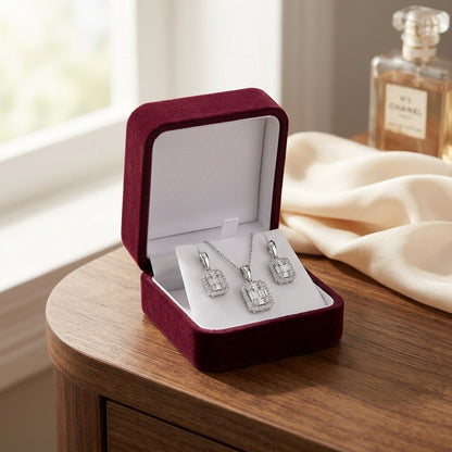 Diamond Baguette and Round Composite Emerald-Cut Halo Pendant with Solid Bail in 14k White Gold 18-20 Inch Adj Chain — velvet box