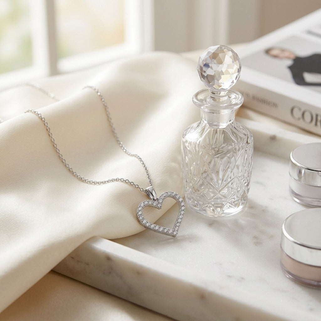 Diamond Heart Pendant with Textured Borders in 14k White Gold — marble silk