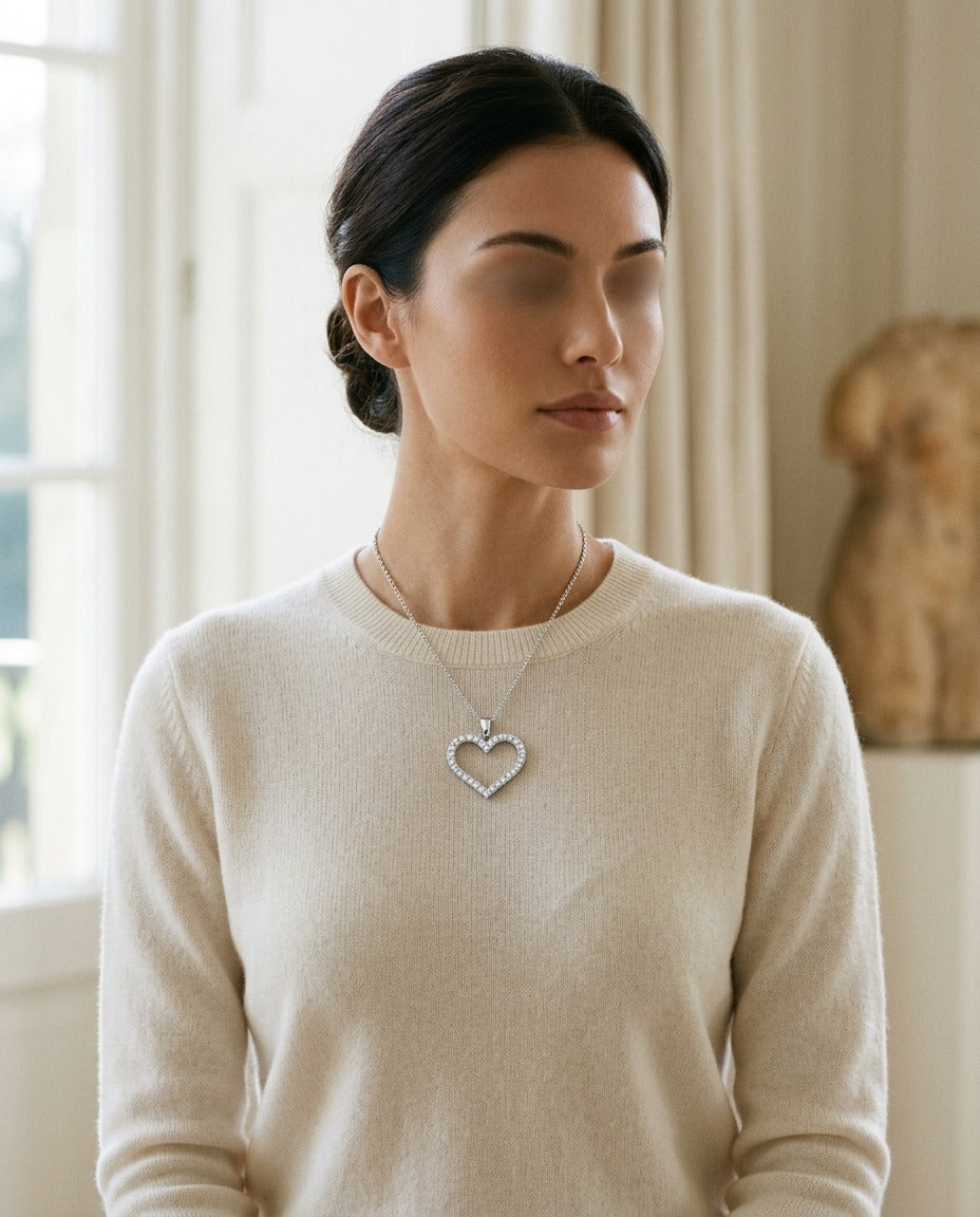 Diamond Heart Pendant with Textured Borders in 14k White Gold — portrait close